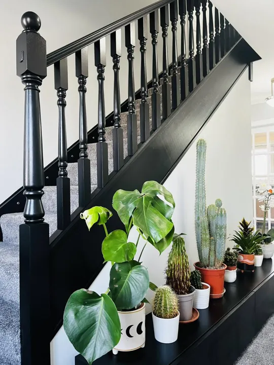 Staircase banisters, spindles and newel post painted in black gloss